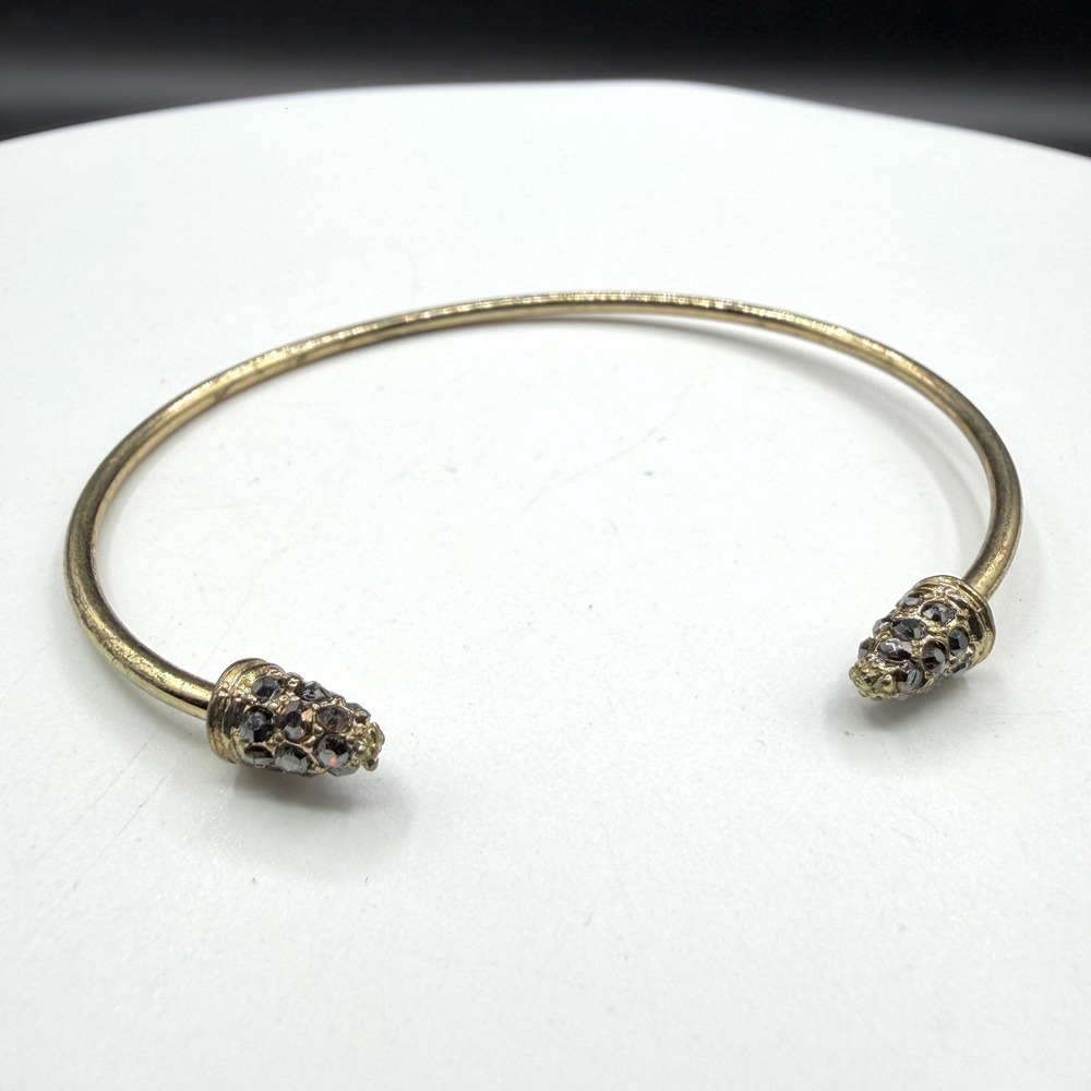 Gold Tone Rhinestone Pinecone End Open Cuff Bangle Bracelet Boho Womens Jewelry